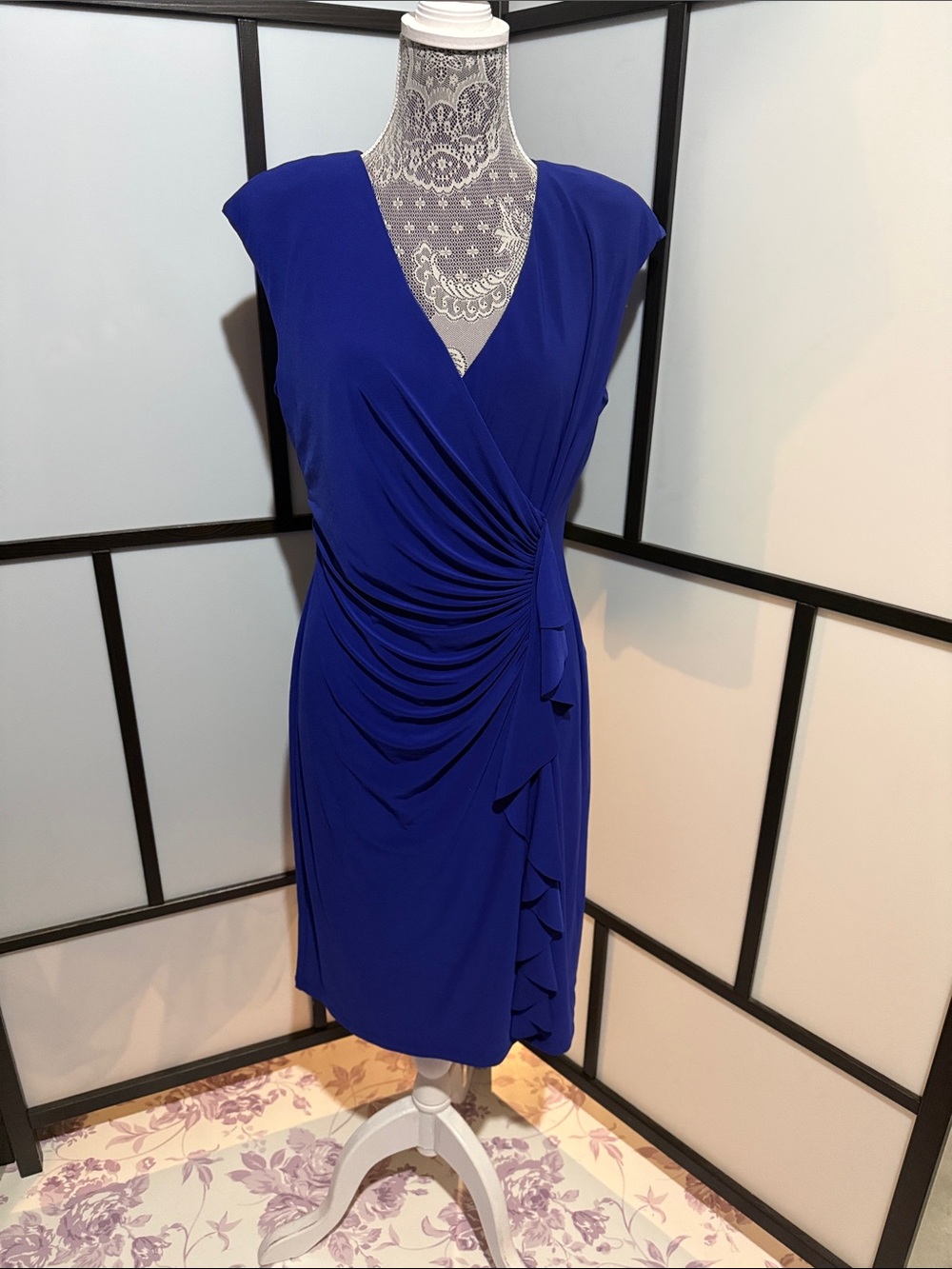 Chaps Cobalt Blue V-Neck Ruched Midi Dress